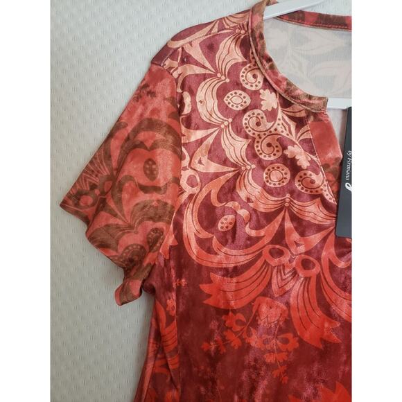 Lily by Firmiana Burnout Velvet Orange Short Sleeve V Neck Tunic Top. Size M NWT - Picture 6 of 9
